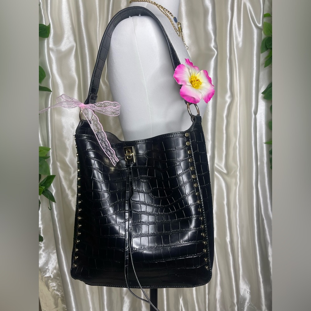 Mellow World Crocco Shoulder Bag Black Womens Vegan Leather Studded